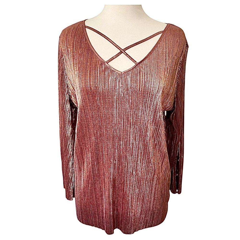 JM Collection Metallic Blouse Women’s L Rose Gold Bell Sleeve V Neck Top